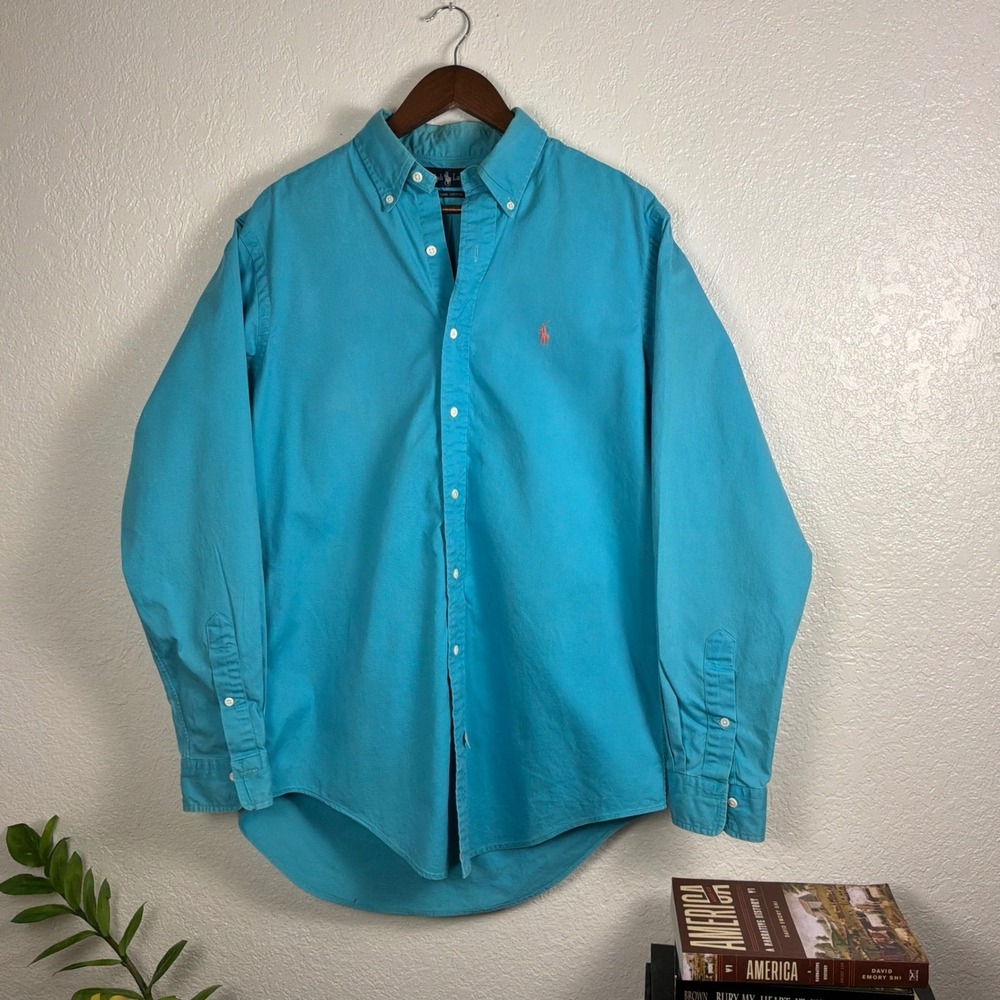 Ralph Lauren Button Down Men M Turquoise Good Vintage Pink Pony Cotton Shirt